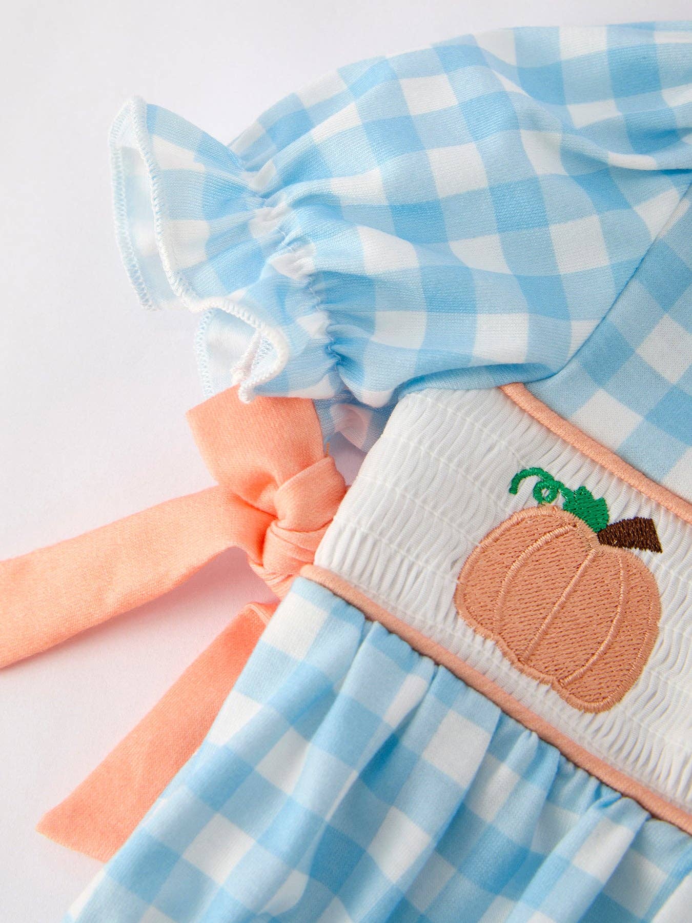 Thanksgiving Pumpkin Embroidery Smocking Blue Plaid Romper