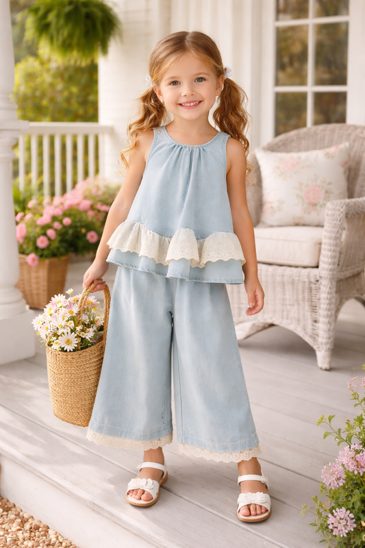 Summer Light Color Denim Lace Girls Set