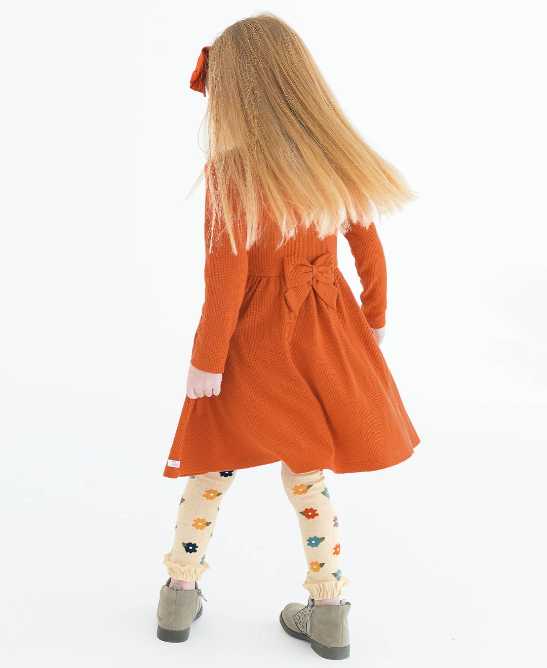 Girls Rust Waffle Knit Long Sleeve Twirl Dress