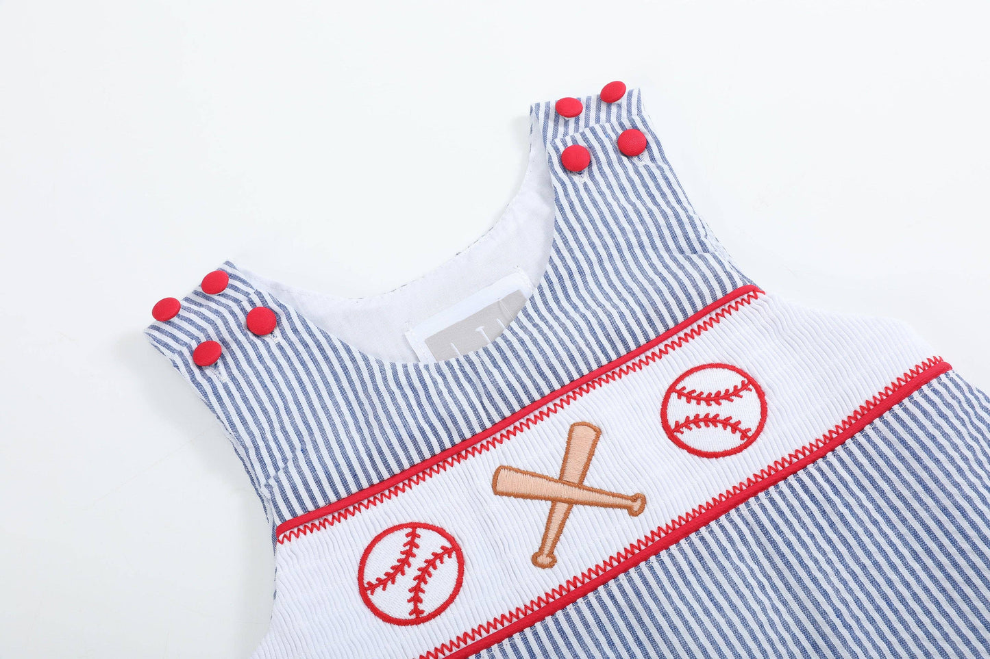 Blue Seersucker Baseball Smocked Jon Jon