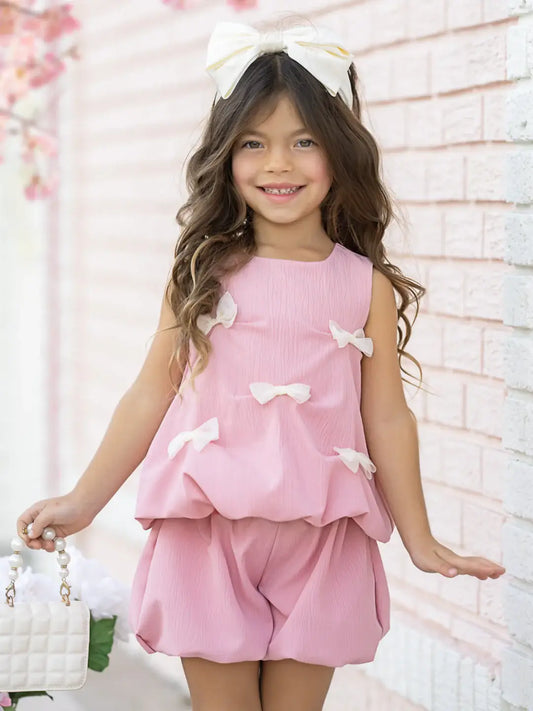 Girls Pink Bow Bubble Short Set
