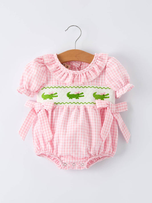 Girls Summer Crocodile Embroidered Smocked Romper
