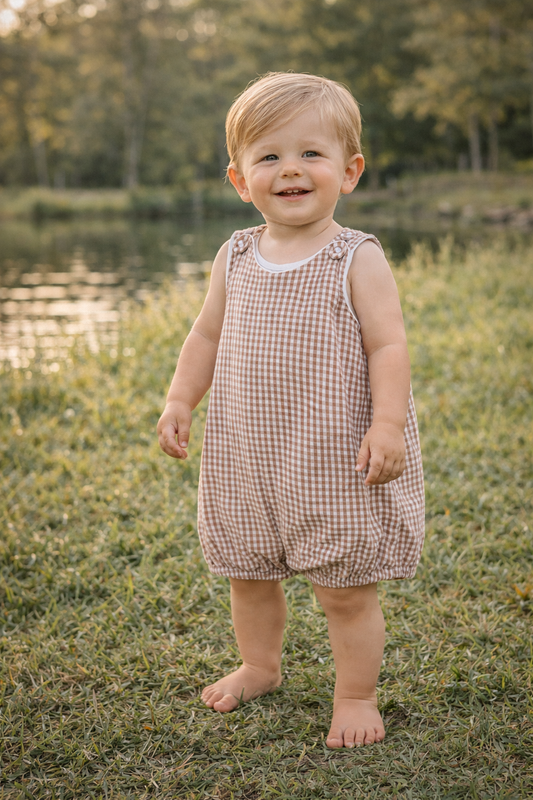 Classic Brown Gingham Baby Bubble Romper