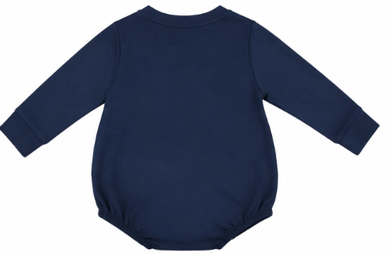 Back view of navy long-sleeve baby boy bubble romper with snap closures.