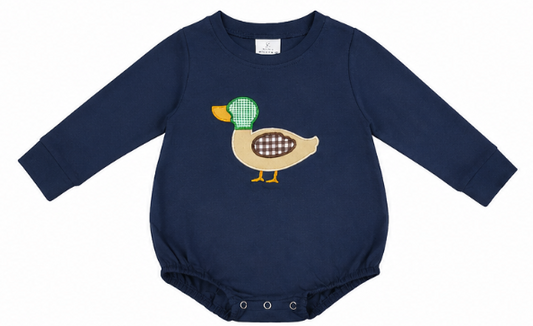 Navy baby boy bubble romper featuring a mallard duck appliqué with gingham and plaid details by Palmetto Kids Boutique.