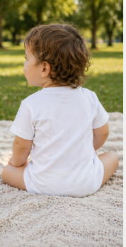 Back view of white cotton baby boy bubble romper with snap closures.