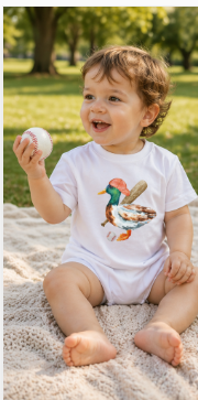 Little boy wearing a Southern boutique bubble romper featuring a mallard duck baseball graphic during a summer outing.