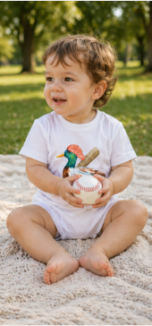 Baby boy dressed in a white cotton bubble romper with a mallard duck baseball watercolor design.