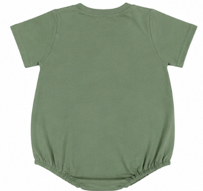 Back view of sage green baby boy bubble romper with bottom snap closures.