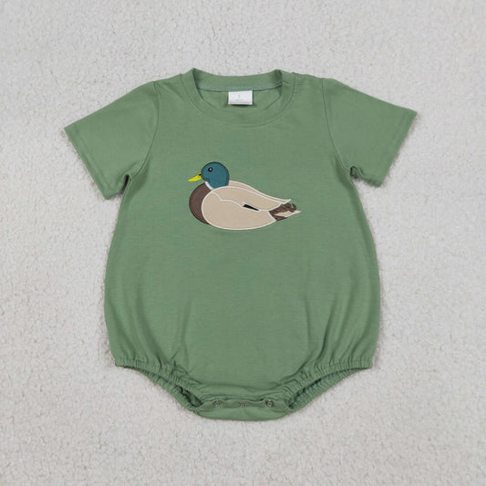 Sage green baby boy bubble romper featuring a classic mallard duck appliqué by Palmetto Kids Boutique.