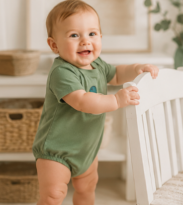 Baby boy dressed in a Southern boutique sage green bubble romper featuring a mallard duck appliqué.