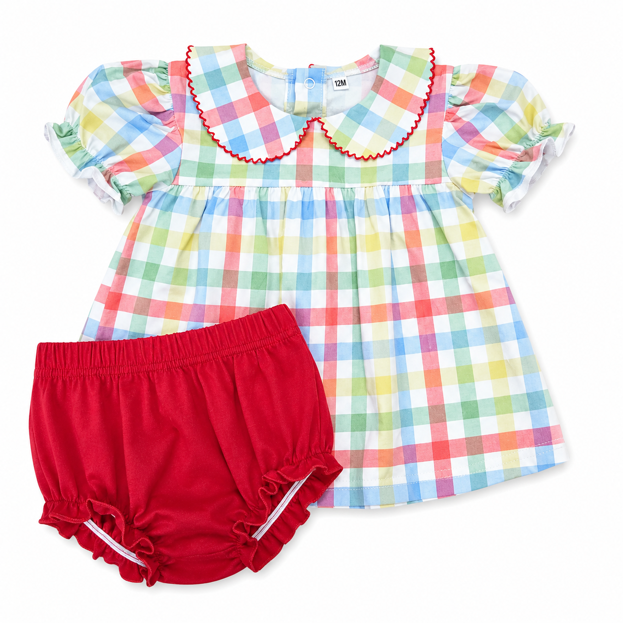 Rainbow plaid girls bloomer set featuring a Peter Pan collar with red picot trim, puff sleeves, and coordinating red bloomers by Palmetto Kids Boutique.