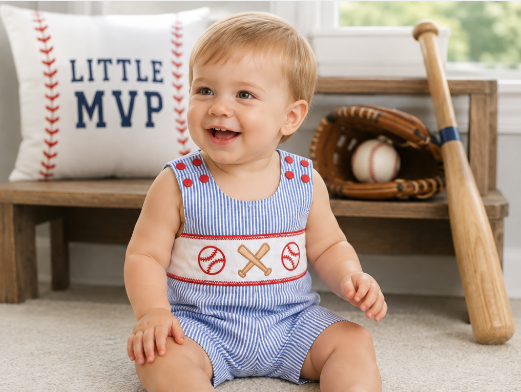 Smocked baseball seersucker baby boy shortall with embroidered baseballs, crossed bats, blue seersucker fabric, and red shoulder buttons.