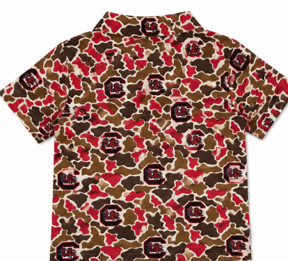 Back view of South Carolina Gamecocks camouflage polo shirt for boys.