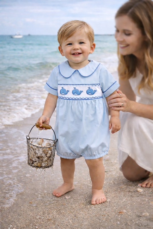 Blue Whale Smocked Collared Bubble Romper